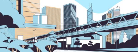 Ilustración de Carretera carretera a horizonte de la ciudad con rascacielos modernos y metro paisaje urbano amanecer fondo horizontal vector lineal ilustración - Imagen libre de derechos