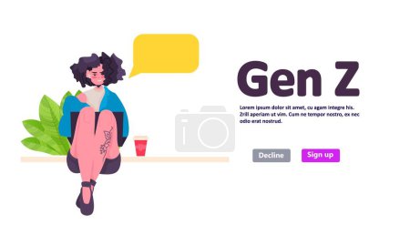 Ilustración de Young girl in trendy clothes with chat bubble generation Z lifestyle concept new modern demography trend with progressive youth gen copy space horizzontal vector illustration - Imagen libre de derechos