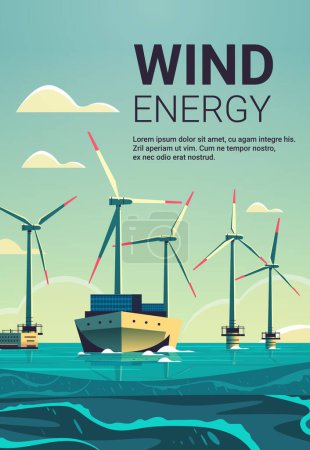 offshore wind farm with turbines and ship in sea or ocean renewable water station energy production alternative power generation concept seascape background copy space vertical vector illustration