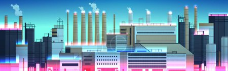 Téléchargez les illustrations : Energy generation plant with chimneys electricity production industrial manufacturing building heavy industry factory with smoke from towers storage tanks reservoirs horizontal vector illustration - en licence libre de droit