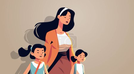 Illustration for Mother and little children walking together asian mom taking daughters to school or kindergarten motherhood happy family concept horizontal portrait vector illustration - Royalty Free Image