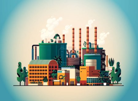 Téléchargez les illustrations : Energy generation plant with chimneys electricity production industrial manufacturing building heavy industry factory with smoke from towers storage tanks reservoirs vector illustration - en licence libre de droit