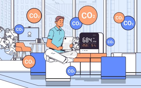 Téléchargez les illustrations : Businessman working in office with air quality monitor test on the presence of dangerous CO2 control level testing with indoor carbon dioxide detector horizontal linear vector illustration - en licence libre de droit