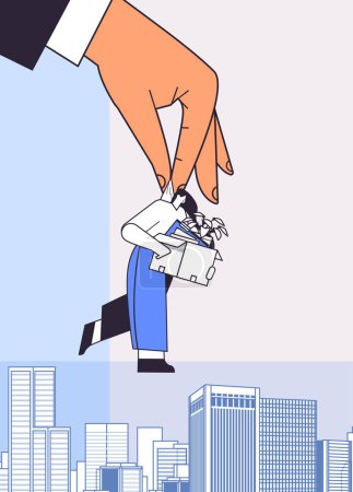 Illustration for Big boss hand holding fired dismissed business woman with things unemployment crisis jobless employee job reduction layoff concept vertical linear vector illustration - Royalty Free Image
