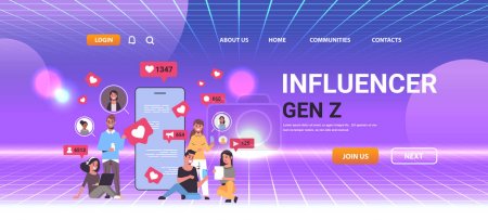 Illustration for Social media influencers watching live streaming generation Z lifestyle concept new demography trend with progressive youth gen horizontal copy space vector illustration - Royalty Free Image