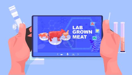 scientist hands analyzing cultured red raw meat made from different animal cells on tablet pc artificial lab grown meat production concept horizontal vector illustration