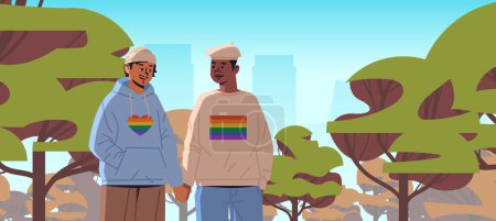 gays couple holding hands lgbt rainbow flag gay lesbian love parade pride festival transgender love generation Z concept landscape background horizontal vector illustration