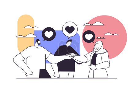 people holding hands friends standing together support teamwork multicultural society concept horizontal linear vector illustration