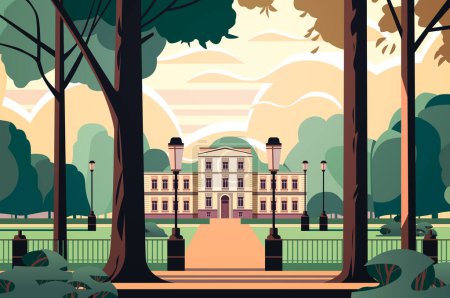 Illustration for Front view of administrative governmental traditional classic building in public summer city park horizontal vector illustration - Royalty Free Image