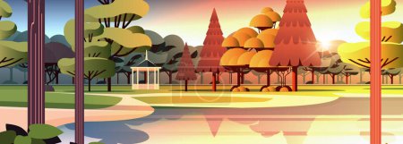 Illustration for Orange trees in public autumn city park horizontal vector illustration - Royalty Free Image