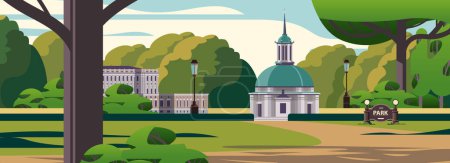Illustration for Front view of administrative governmental traditional classic building and church in public summer city park horizontal vector illustration - Royalty Free Image