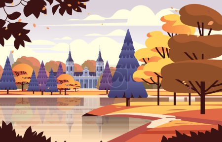 Illustration for Front view of administrative governmental traditional classic building and church in public autumn park horizontal vector illustration - Royalty Free Image