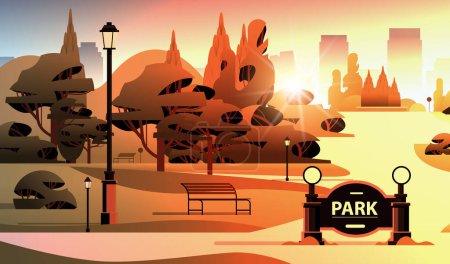 Illustration for Wooden benches and green trees in public summer city park sunset landscape background horizontal vector illustration - Royalty Free Image