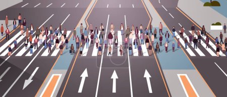 Ilustración de Multiétnica grupo de personas que cruzan la ciudad mezcla de la calle raza hombres mujeres que cruzan camino horizontal vector ilustración - Imagen libre de derechos