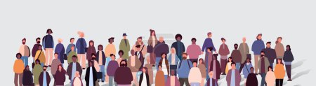 multiethnic people group mix race men women crowd in casual clothes standing together diversity multiculturalism concept horizontal portrait vector illustration