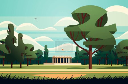 Illustration for Front view of administrative governmental traditional classic building with columns public summer city park horizontal vector illustration - Royalty Free Image