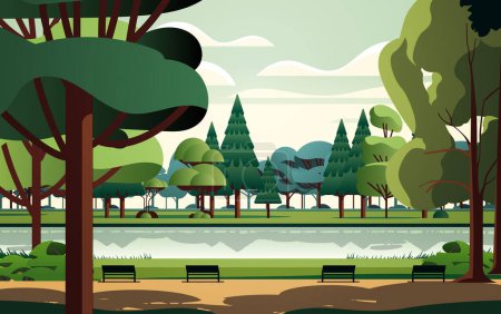 Ilustración de Bancos de madera y árboles verdes cerca del lago en el parque público de verano ilustración vectorial horizontal - Imagen libre de derechos