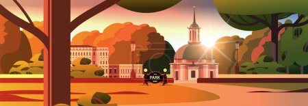 Illustration for Front view of administrative governmental traditional classic building and church in public autumn city park horizontal vector illustration - Royalty Free Image