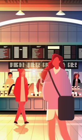 Illustration for People standing in modern cafe or bakery with fresh pastries sweets cakes and bread vertical vector illustration - Royalty Free Image