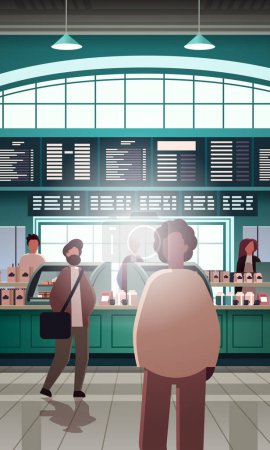 Illustration for Mix race people standing in modern cafe or bakery with fresh pastries sweets cakes and bread vertical vector illustration - Royalty Free Image