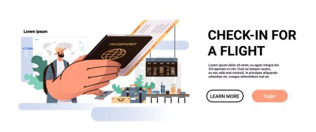 Illustration for Man tourist holding passport with boarding pass or flight ticket guy giving documents allowing to travel check-in for a flight concept horizontal portrait copy space vector illustration - Royalty Free Image