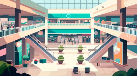 Illustration for Modern retail store with many shops empty no people shopping mall interior horizontal vector illustration - Royalty Free Image