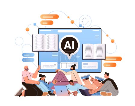 Illustration for Reporters or journalists reading news on laptop screen literature review generation news summarization artificial intelligence concept horizontal vector illustration - Royalty Free Image
