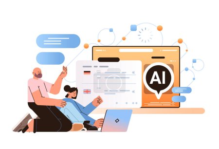 Illustration for People using machine translation application with ai helper bot international communication artificial intelligence tech concept horizontal vector illustration - Royalty Free Image