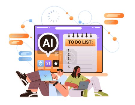 Illustration for Businesspeople completing to-do list in computer app with ai multitasking helper bot personal assistant support for manager task distribution concept horizontal vector illustration - Royalty Free Image