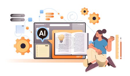 Illustration for Woman studying and writing down new ideas investigations in computer app with ai helper bot creative writing tool concept horizontal vector illustration - Royalty Free Image