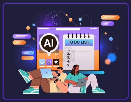 Illustration for Businesspeople completing to-do list in computer app with ai multitasking helper bot personal assistant support for manager task distribution concept horizontal vector illustration - Royalty Free Image