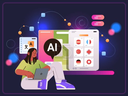 Illustration for Woman learning foreign language in computer app with ai helper bot education concept horizontal vector illustration - Royalty Free Image