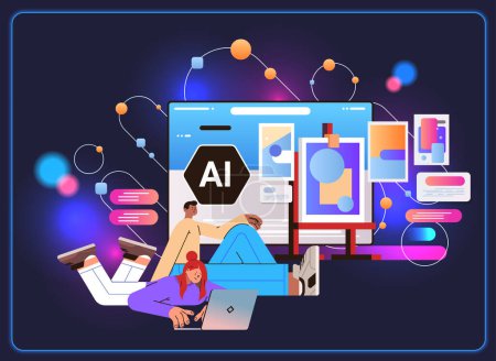people designers working in graphic application with ai helper bot image captioning concept horizontal vector illustration