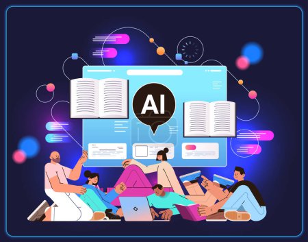 Illustration for Reporters or journalists reading news on laptop screen literature review generation news summarization artificial intelligence concept horizontal vector illustration - Royalty Free Image