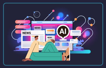 Illustration for Man journalist reading news on laptop screen special report news summarization artificial intelligence concept horizontal vector illustration - Royalty Free Image