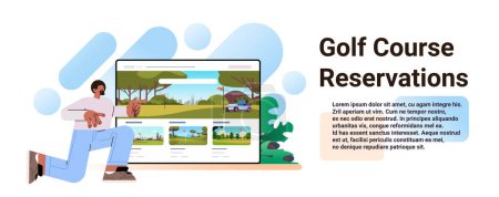 Illustration for Man choosing golf courses on computer monitor golf lessons reserved for private session concept horizontal copy space vector illustration - Royalty Free Image