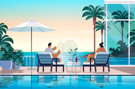 people relaxing at tropical luxury resort hotel beach swimming pool and poolside seating area summer vacation concept seaside background horizontal vector illustration