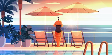Ilustración de Mujer relajante en el complejo de lujo tropical hotel playa piscina y zona de estar junto a la piscina verano vacaciones concepto puesta de sol mar fondo horizontal vector ilustración - Imagen libre de derechos
