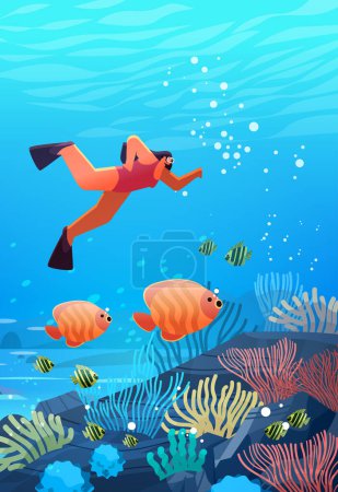 Illustration for Woman tourist in diving mask swimming in sea or ocean and watching marine fauna with fish and coral reef underwater recreational activity concept vertical vector illustration - Royalty Free Image