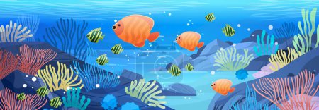 Illustration for Sea or ocean marine fauna with fish and coral reef underwater recreational activity concept horizontal vector illustration - Royalty Free Image