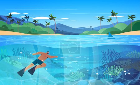 Illustration for Tourist man swimming in sea or ocean and watching marine fauna with fish and coral reef underwater recreational activity summer vacation concept horizontal vector illustration - Royalty Free Image