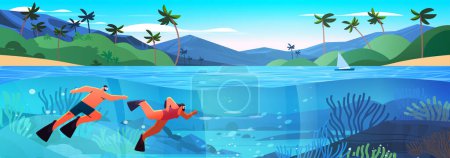 Illustration for Tourists swimming in sea or ocean and watching marine fauna with fish and coral reef underwater recreational activity summer vacation concept horizontal vector illustration - Royalty Free Image