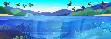 Illustration for Sea or ocean marine fauna with fish and coral reef underwater recreational activity summer vacation concept seaside landscape background horizontal vector illustration - Royalty Free Image