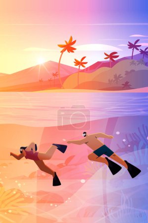 Illustration for Tourists swimming in sea or ocean and watching marine fauna with fish and coral reef underwater recreational activity summer vacation concept vertical vector illustration - Royalty Free Image