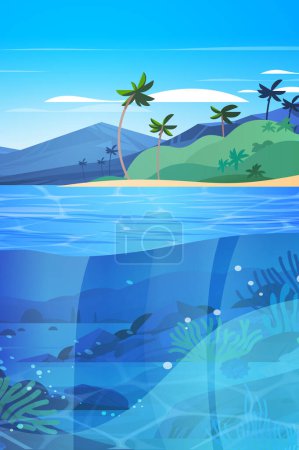 Illustration for Sea or ocean marine fauna with fish and coral reef underwater recreational activity summer vacation concept seaside landscape background vertical vector illustration - Royalty Free Image