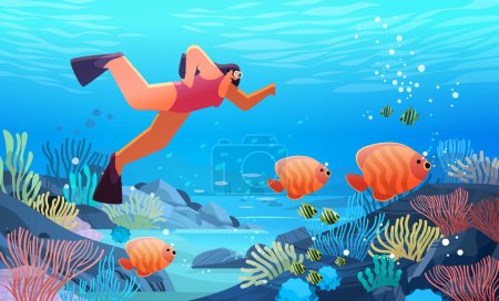 Illustration for Woman tourist in diving mask swimming in sea or ocean and watching marine fauna with fish and coral reef underwater recreational activity concept horizontal vector illustration - Royalty Free Image