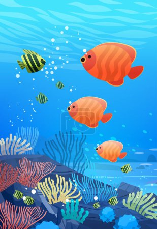 Illustration for Sea or ocean marine fauna with fish and coral reef underwater recreational activity concept vertical vector illustration - Royalty Free Image