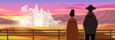 tourists couple near impressive eruption of active geyser hot water steam spraying out from under ground power fountain outdoor horizontal vector illustration