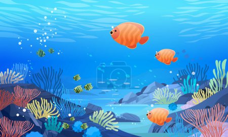 Illustration for Sea or ocean marine fauna with fish and coral reef underwater recreational activity concept horizontal vector illustration - Royalty Free Image