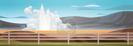 impressive eruption of active geyser hot water steam spraying out from under ground power fountain outdoor horizontal vector illustration